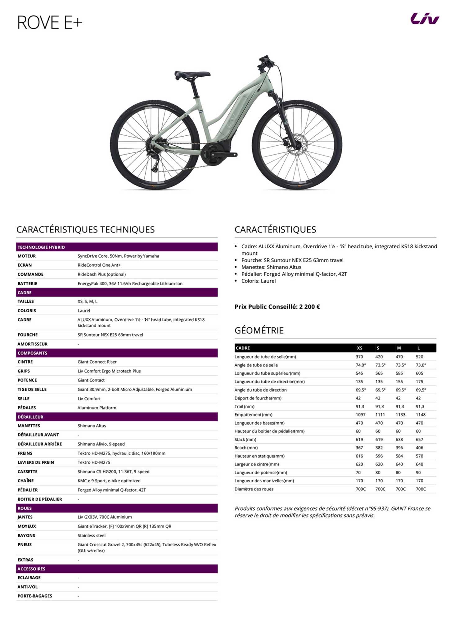 Fiche technique du velo Rove 2